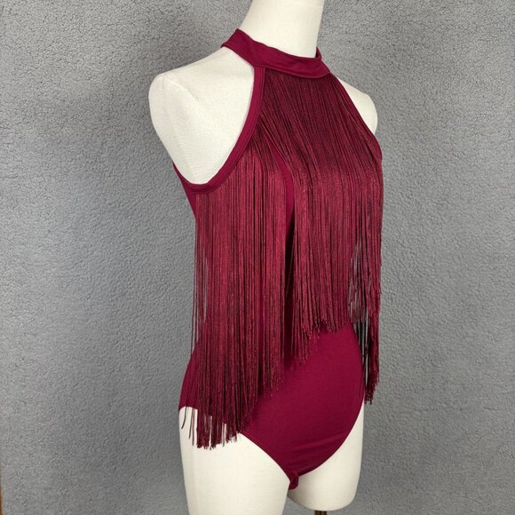 Verdusa Sleeveless Burgundy Fringe Bodysuit Halter Neck Size Small NWT's - Picture 3 of 8